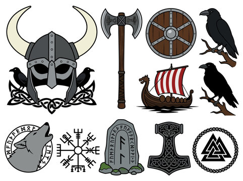 Viking Mythology and Nordic Culture Vector Icon Set featuring Helmet, Shield, Axe, Longship, and Ancient Runes