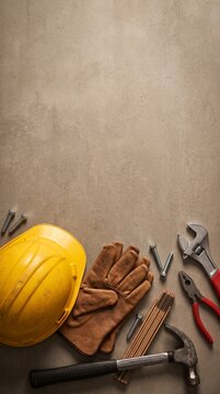 Bottom corner layout of yellow safety gear and hand tools on a smooth light gray surface