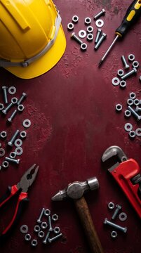 Flat lay of yellow hard hat and mechanic hand tools arranged on a rusty red industrial surface