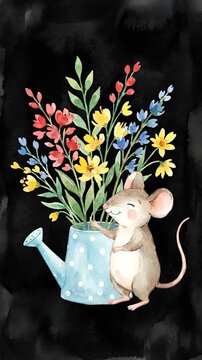 Cute watercolor mouse with blue watering can and wildflowers on black background.