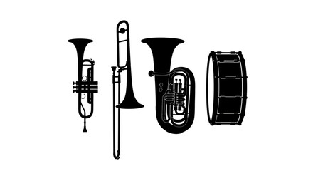 Musical instruments for orchestra with instruments white background silhouettes four musical black silhouettes performance trombone trumpet with graphic © Nimay