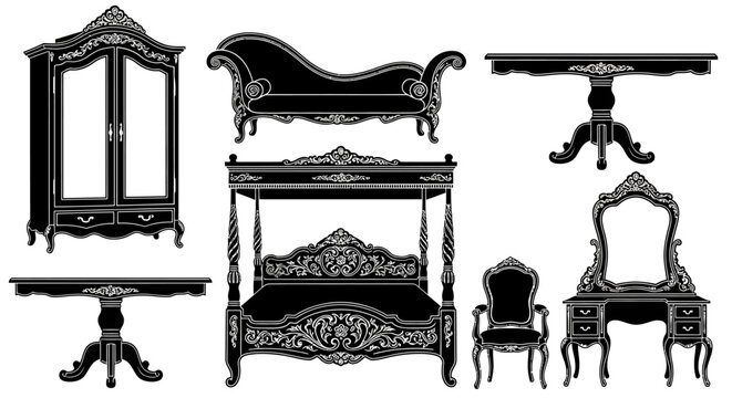 Elegant black and white furniture silhouettes with ornate details with details including bed chaise lounge vanity vanity mirror chair collection black