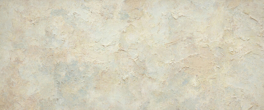 Abstract artistic background featuring a textured offwhite wall surface with subtle beige and grey tones created using heavy impasto oil paint strokes