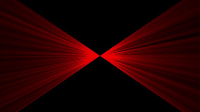 Dynamic abstract motion graphics featuring intense red light rays beaming from a central point on a black background. Ideal for high-energy technology, music, and futuristic video productions.