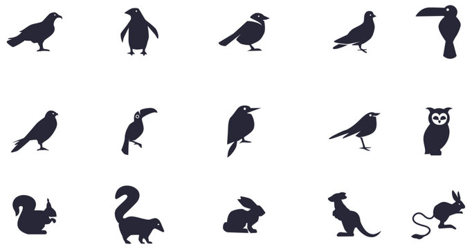 Collection of silhouette animals: birds, squirrel, skunk, rabbit, kangaroo, and jerboa
