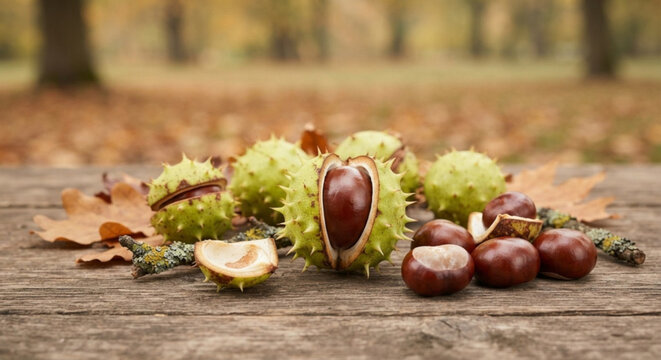 Reife Rosskastanien mit ge&ouml;ffneten und unge&ouml;ffneten stacheligen gr&uuml;nen H&uuml;llen auf einer rustikalen Holzoberfl&auml;che im Herbstlaub