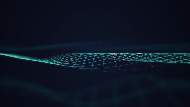 A three dimensional wireframe grid undulates in a seamless loop