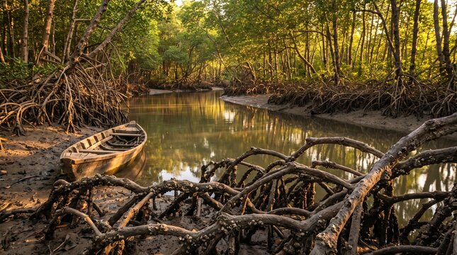 Mangrove Forest Wetland with Wooden Boat and Reflective Tidal Creek