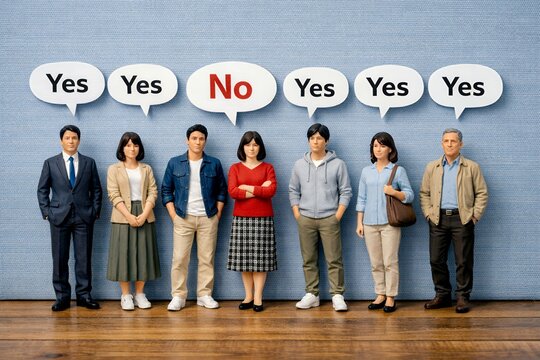 YesとNoの吹き出しで賛成と反対の意見が分かれる人々を表現した意思決定と多数決のイメージ