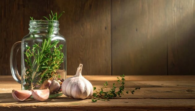 Fresh garlic and herbs on rustic wooden table