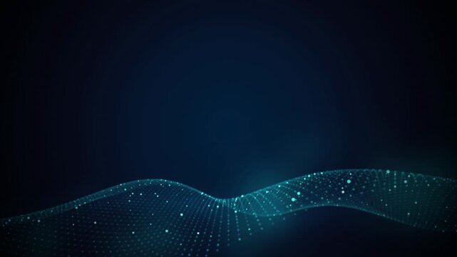 Glowing blue and teal particle grid undulates in a seamless loop