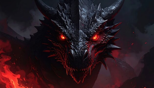Fierce black dragon with glowing red eyes amidst fire
