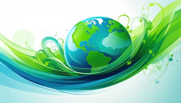 Abstract Earth globe illustration with green flowing waves for ecology