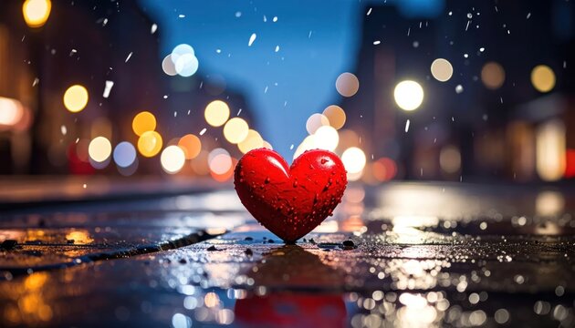 Red heart on wet city street at night with rain
