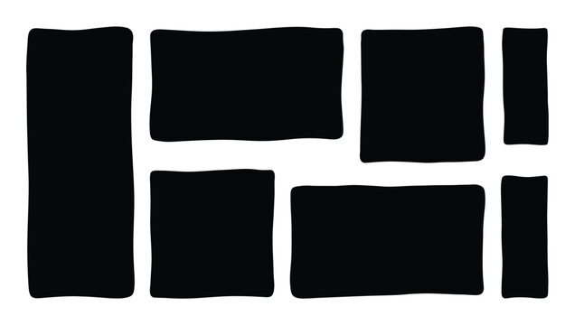 A collection of various rectangular shapes arranged in a modern abstract grid pattern with rough hand drawn edges on a white background