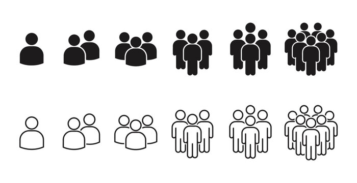 Set of human group icons showing different sizes of people collections in both solid black style and thin outline style for design