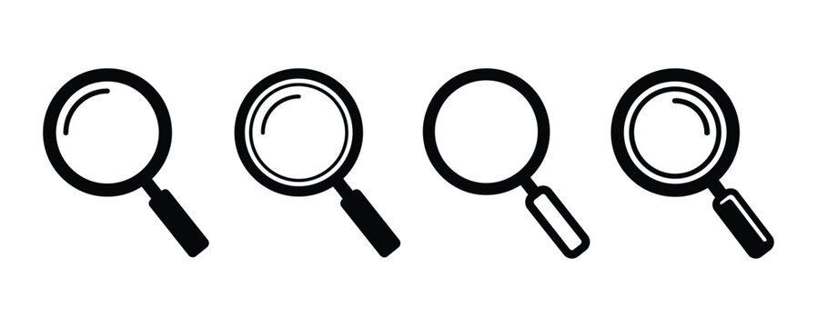 A set of four simple black and white line art magnifying glass icons isolated on a plain white background for web design