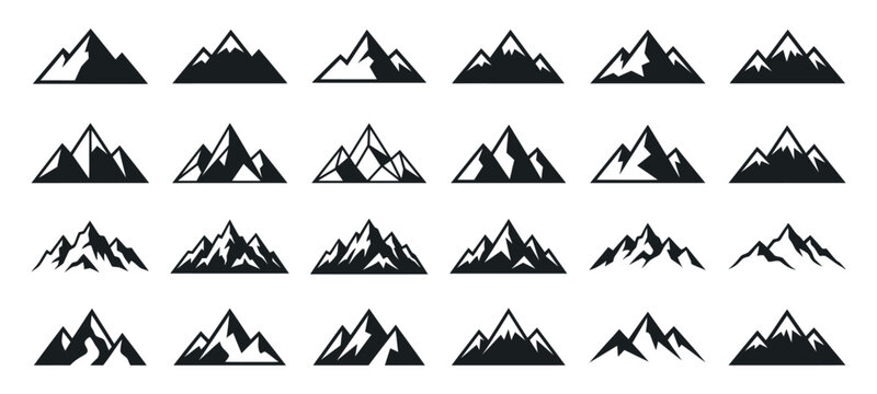 A collection of twenty four black and white mountain peak icons featuring various rugged shapes and artistic styles for outdoor adventure branding