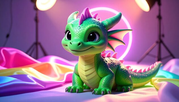 Cute green baby dragon sitting on colorful studio fabric