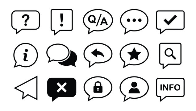A collection of various speech bubble icons featuring different symbols representing communication help information settings search and user interaction for digital interface