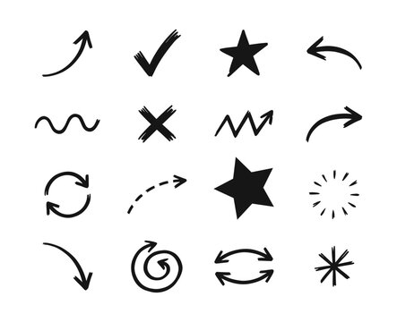 A collection of hand drawn doodle elements including various arrows stars check marks crosses and decorative shapes isolated on a white background