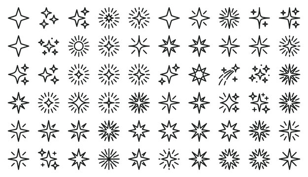 A comprehensive collection of various hand drawn star and sparkle icons isolated on a white background for decorative graphic design and artistic