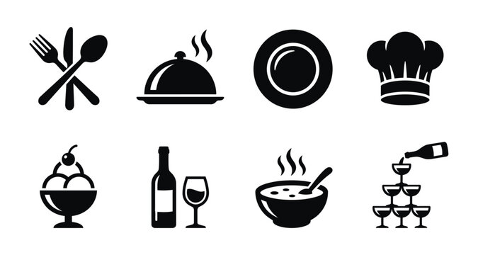 A collection of black silhouette icons representing various restaurant food and beverage items including cutlery chef hat wine bottle and serving dishes