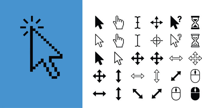 A collection of various computer mouse cursor icons and pointer symbols displayed on a white background with a large arrow on the