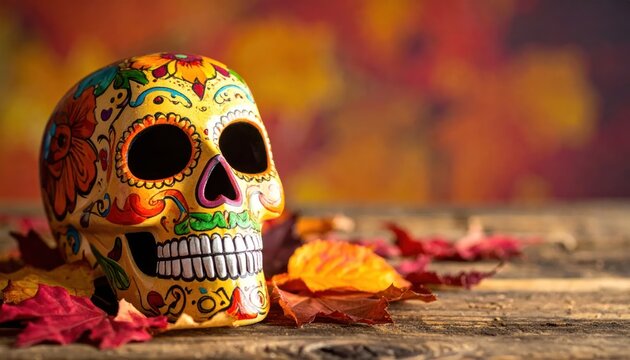Colorful Mexican sugar skull on wooden table with autumn leaves