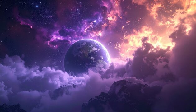 Earth rising over purple clouds and dark mountain peaks