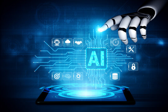 Futuristic robotic hand interacting with a digital tablet displaying artificial intelligence icons and circuitry in a high-tech environment Fluxor.