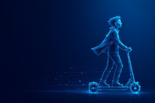 Man riding an electric kick scooter rendered in blue digital wireframe graphics on a dark background with scooter rider urban mobility futuristic transport micro mobility cyber commute wireframe