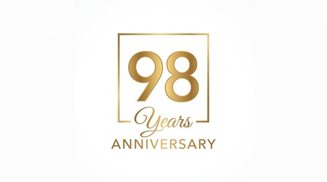 Golden ninety eight years anniversary logo with square frame and script text