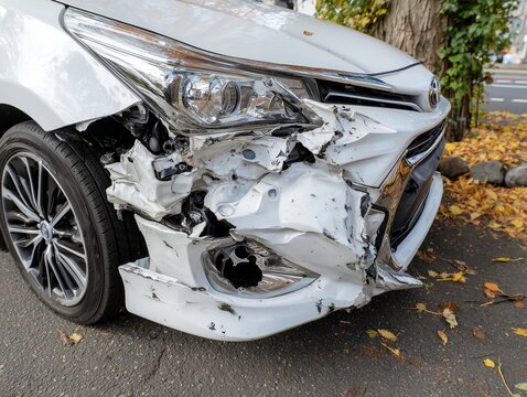 正面部分が大きく破損した白い乗用車が示す交通事故後の深刻な車両損傷状況