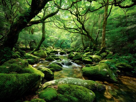 苔むした岩と清流が織りなす深い森の中に広がる幻想的な渓流の風景