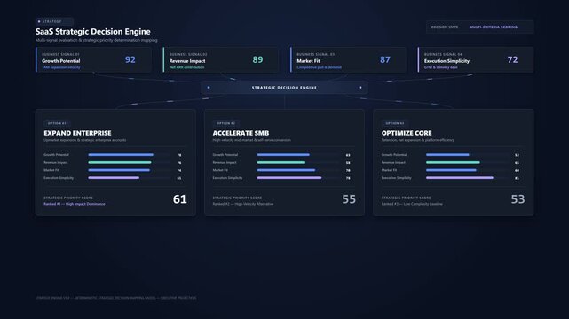 Modern SaaS strategic decision engine dashboard interface with data visualization and business analytics metrics.