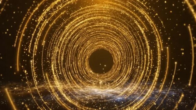 Golden swirling particles forming concentric circles against a dark background