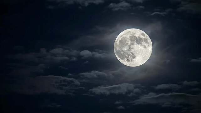 Dramatic bright full moon shining through moving dark clouds in the night sky
