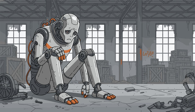 Abandoned sad robot sitting alone inside a ruined old factory building warehouse reflecting technological obsolescence.