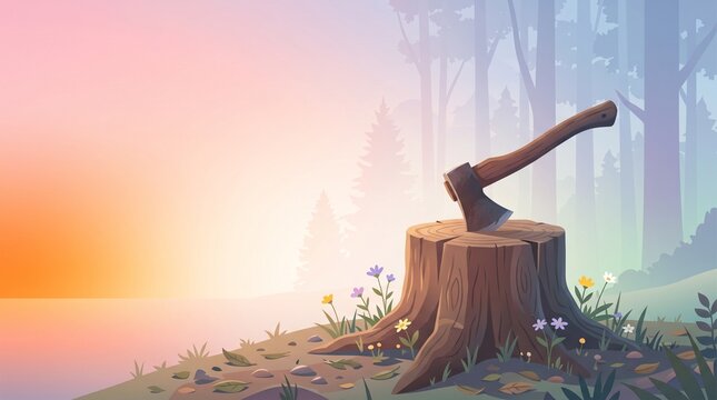 Axe stuck in tree stump with wildflowers digital illustration
