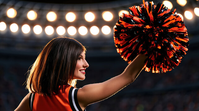 Back view of cheerleader raising pom pom toward bright stadium lights with confident energy and dramatic arena atmosphere