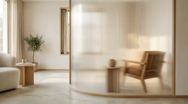 Translucent Frosted Fluted Glass Curved Partition Wall in Modern Interior