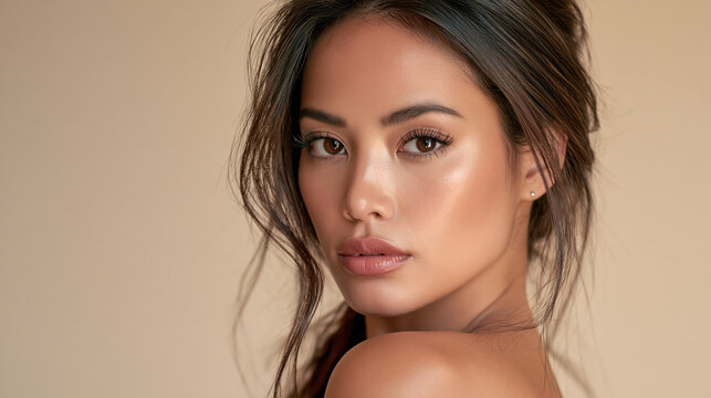Beautiful Asian woman with natural skin and calm expression in closeup portrait