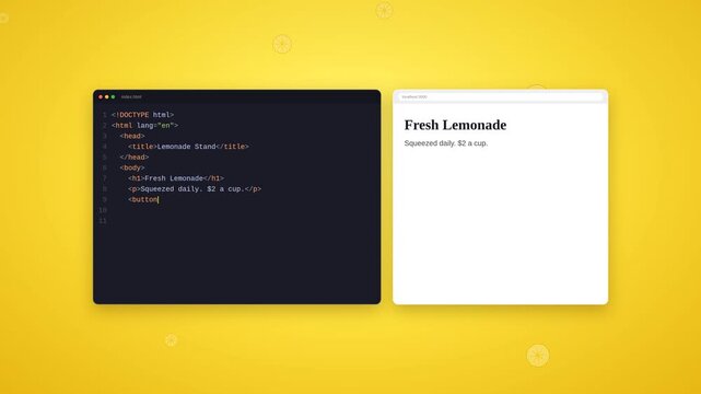 Code Editor with HTML Syntax and Blank Browser Window Mockup on Yellow Background. Web Development Workflow and Programming Tutorial Concept.