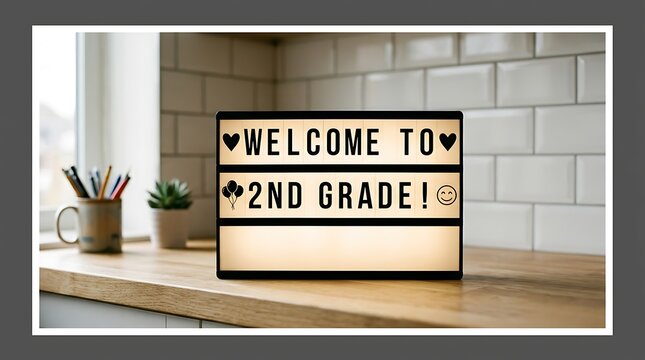 Lightbox sign displaying welcome to second grade on a classroom desk with desk setup