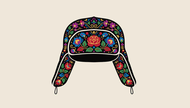 Traditional Russian winter ushanka hat decorated with colorful folk floral embroidery over a light neutral background.