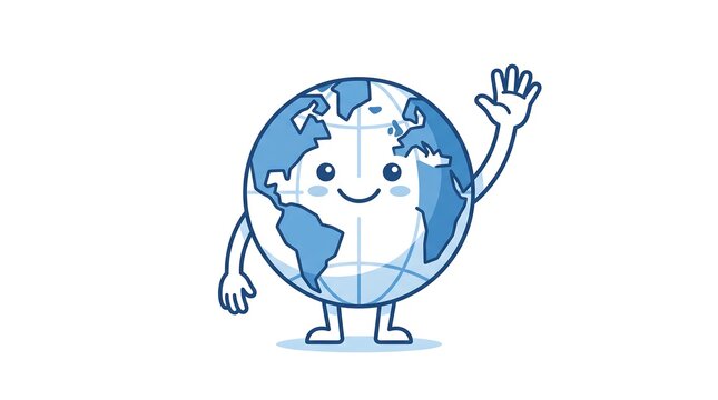 Blue world map globe mascot waving hello representing international travel and global connection.