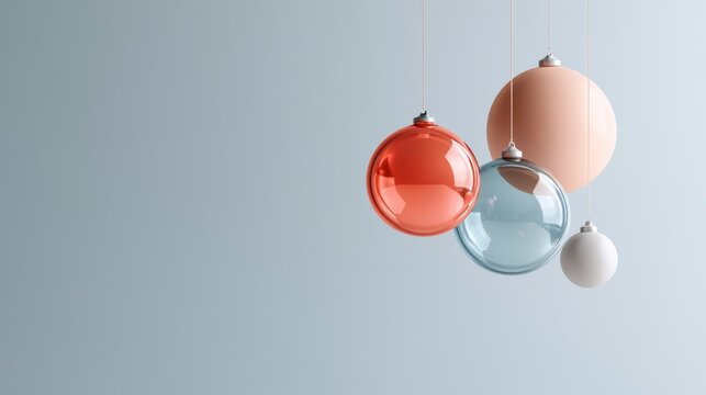 Peach and silver Christmas baubles hang together against a blue background, creating minimalist holiday copy space, elegant festive decor, winter celebration, Christmas, New Year.