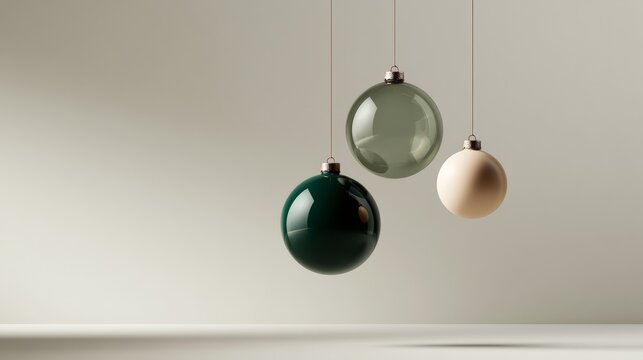 Green and champagne Christmas baubles hang separately against a warm neutral background, creating minimalist holiday copy space, elegant seasonal decor, Christmas, New Year.