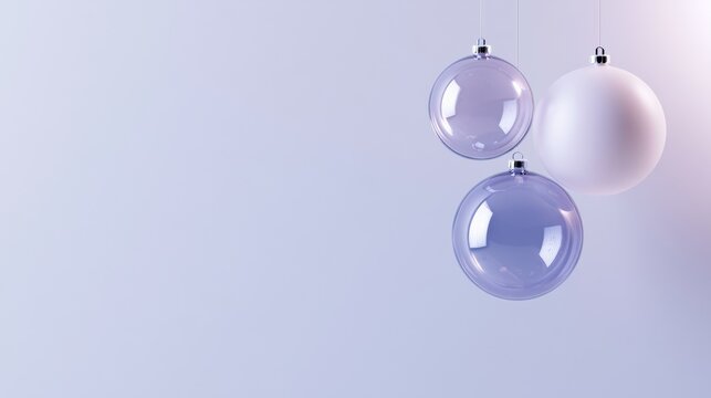 Lavender and pink Christmas baubles hang together against a pale lilac background, creating dreamy holiday decor, soft winter celebration, elegant festive styling, Christmas, New Year.